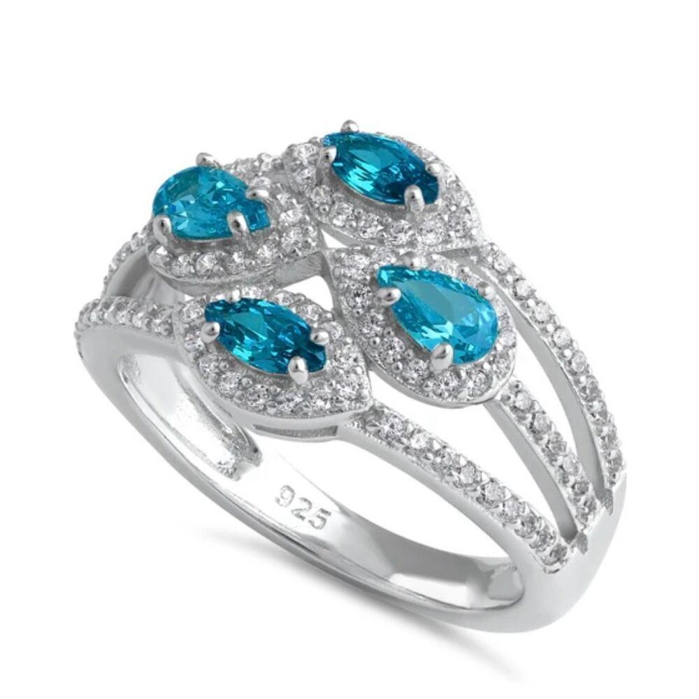 Sterling Silver Four-Stone Blue Topaz CZ Cluster Ring New